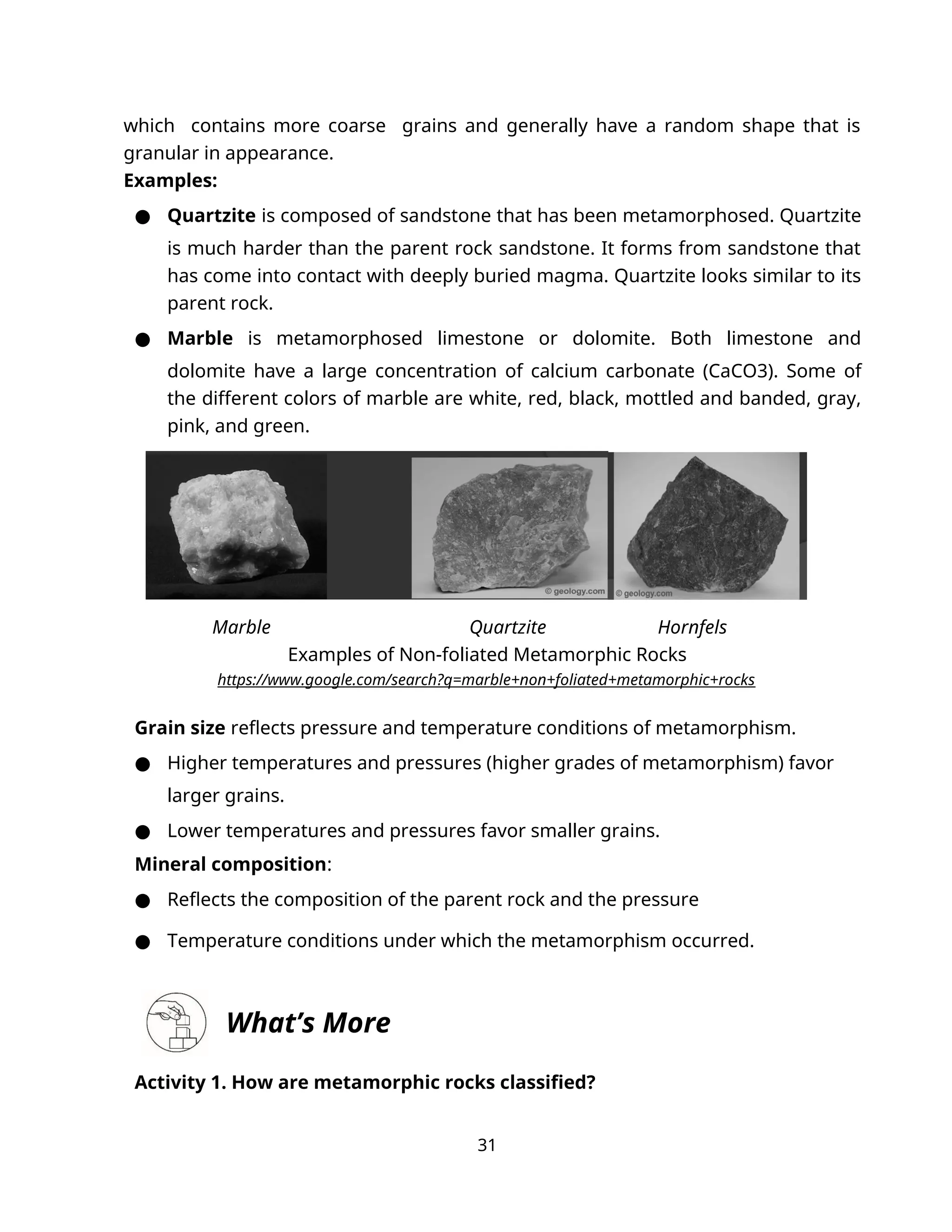 which contains more coarse grains and generally have a random shape that is
granular in appearance.
Examples:
● Quartzite is composed of sandstone that has been metamorphosed. Quartzite
is much harder than the parent rock sandstone. It forms from sandstone that
has come into contact with deeply buried magma. Quartzite looks similar to its
parent rock.
● Marble is metamorphosed limestone or dolomite. Both limestone and
dolomite have a large concentration of calcium carbonate (CaCO3). Some of
the different colors of marble are white, red, black, mottled and banded, gray,
pink, and green.
Marble Quartzite Hornfels
Examples of Non-foliated Metamorphic Rocks
https://www.google.com/search?q=marble+non+foliated+metamorphic+rocks
Grain size reflects pressure and temperature conditions of metamorphism.
● Higher temperatures and pressures (higher grades of metamorphism) favor
larger grains.
● Lower temperatures and pressures favor smaller grains.
Mineral composition:
● Reflects the composition of the parent rock and the pressure
● Temperature conditions under which the metamorphism occurred.
What’s More
Activity 1. How are metamorphic rocks classified?
31
 