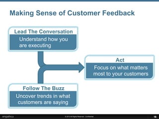 © 2013 All Rights Reserved - Confidential
Making Sense of Customer Feedback
Lead The Conversation
Understand how you
are executing
Follow The Buzz
Uncover trends in what
customers are saying
Act
Focus on what matters
most to your customers
1818
 