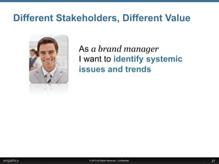© 2013 All Rights Reserved - Confidential
Different Stakeholders, Different Value
As a brand manager
I want to identify systemic
issues and trends
27
 