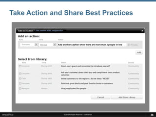 © 2013 All Rights Reserved - Confidential
Take Action and Share Best Practices
36
Add another cashier when there are more than 3 people in line
36
 
