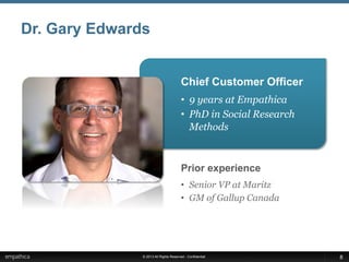© 2013 All Rights Reserved - Confidential
Chief Customer Officer
•  9 years at Empathica
•  PhD in Social Research
Methods
Dr. Gary Edwards
Prior experience
•  Senior VP at Maritz
•  GM of Gallup Canada
8
 