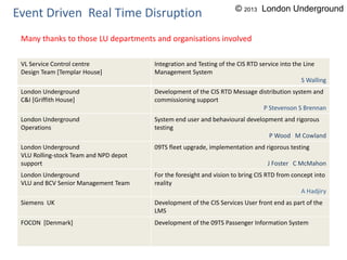 VL Service Control centre
Design Team [Templar House]
Integration and Testing of the CIS RTD service into the Line
Management System
S Walling
London Underground
C&I [Griffith House]
Development of the CIS RTD Message distribution system and
commissioning support
P Stevenson S Brennan
London Underground
Operations
System end user and behavioural development and rigorous
testing
P Wood M Cowland
London Underground
VLU Rolling-stock Team and NPD depot
support
09TS fleet upgrade, implementation and rigorous testing
J Foster C McMahon
London Underground
VLU and BCV Senior Management Team
For the foresight and vision to bring CIS RTD from concept into
reality
A Hadjiry
Siemens UK Development of the CIS Services User front end as part of the
LMS
FOCON [Denmark] Development of the 09TS Passenger Information System
Event Driven Real Time Disruption
Many thanks to those LU departments and organisations involved
© 2013 London Underground
 