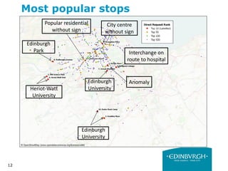 12
Most popular stops
Edinburgh
University
Heriot-Watt
University
Edinburgh
Park
Edinburgh
University
Interchange on
route to hospital
City centre
without sign
Popular residential
without sign
Anomaly
 