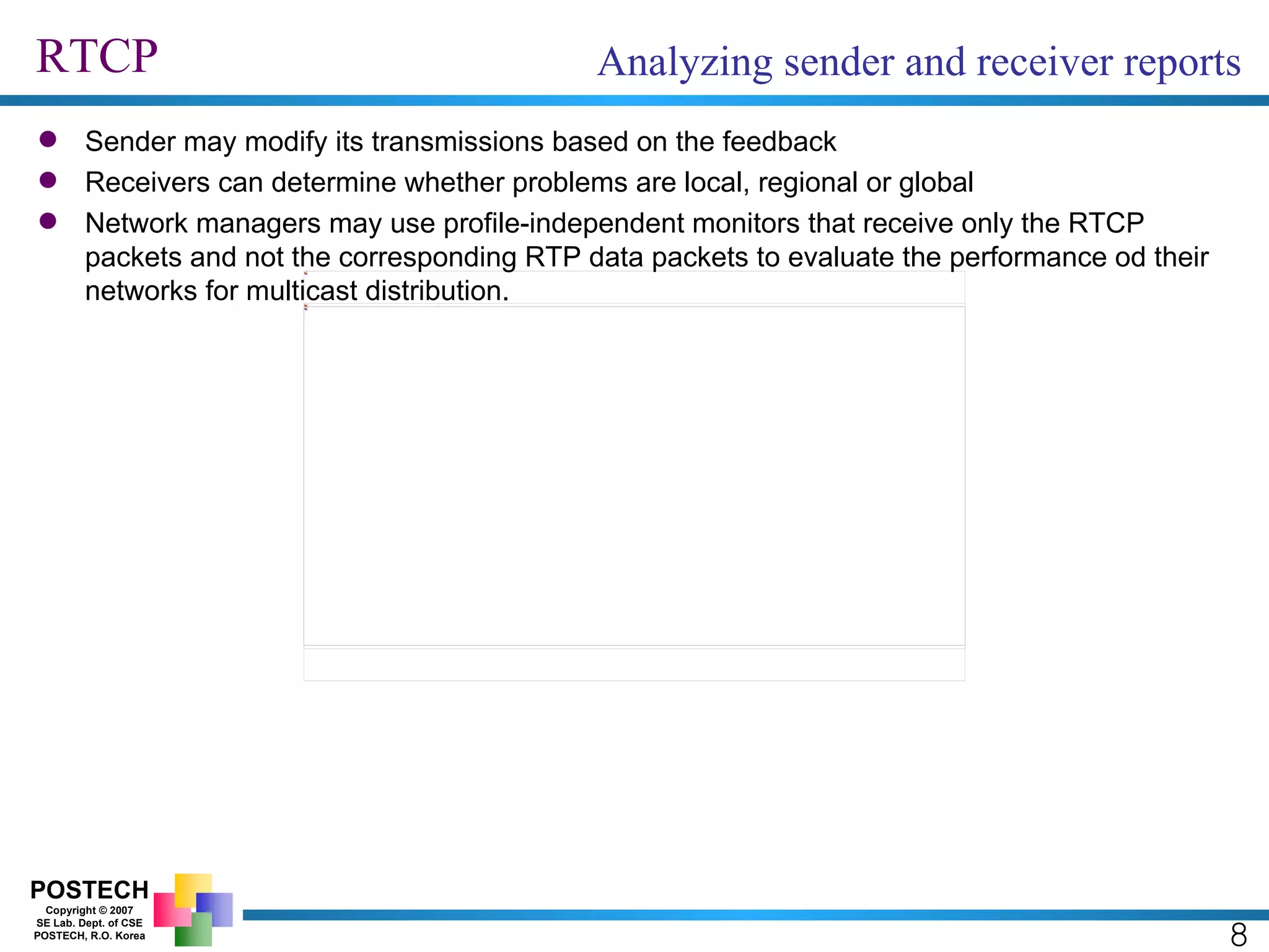 RTCP 8 Analyzing sender and receiver reports Sender may modify its transmissions based on the feedback Receivers can determine whether problems are local, regional or global Network managers may use profile-independent monitors that receive only the RTCP packets and not the corresponding RTP data packets to evaluate the performance od their networks for multicast distribution. 