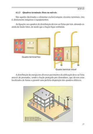 RTP-05
    4.1.3   Quadros terminais: ﬁxos ou móveis
     São aqueles destinados a alimentar exclusivamente circuitos terminais, isto
é, diretamente máquinas e equipamentos.
    As ligações nos quadros de distribuição devem ser feitas por trás, dotando-os
ainda de fundo falso, de modo que a ﬁação ﬁque embutida.




            Quadro terminal ﬁxo




                                                 Quadro terminal móvel

     A distribuição de energia nos diversos pavimentos da ediﬁcação deve ser feita
através de prumadas, sendo a ﬁação protegida por eletrodutos, que devem estar
localizados de forma a garantir uma perfeita disposição dos quadros elétricos.




                                                                               27
 