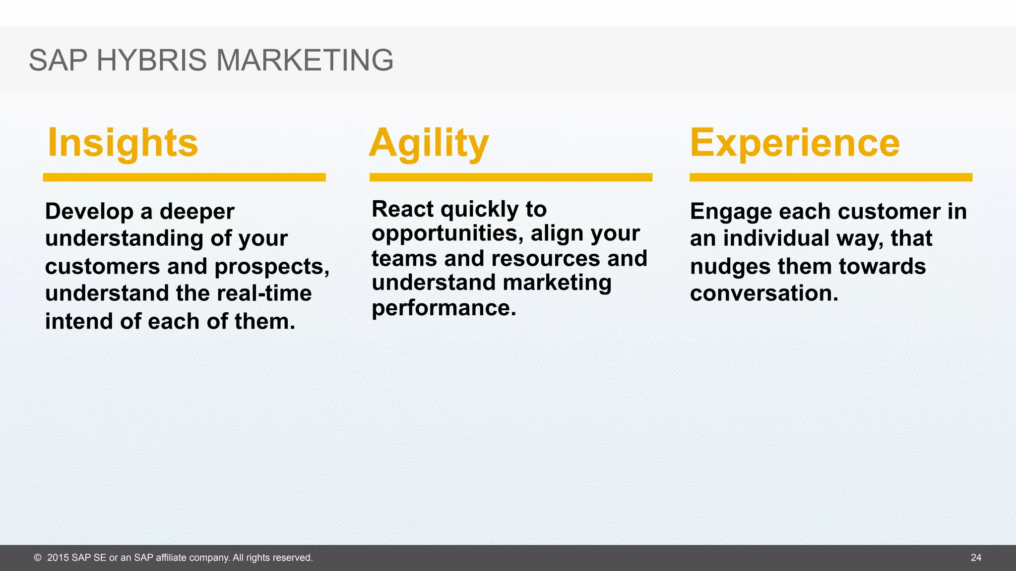 ©  2015 SAP SE or an SAP affiliate company. All rights reserved. 24
SAP HYBRIS MARKETING
Insights Agility Experience
Develop a deeper
understanding of your
customers and prospects,
understand the real-time
intend of each of them.
React quickly to
opportunities, align your
teams and resources and
understand marketing
performance.
Engage each customer in
an individual way, that
nudges them towards
conversation.
 