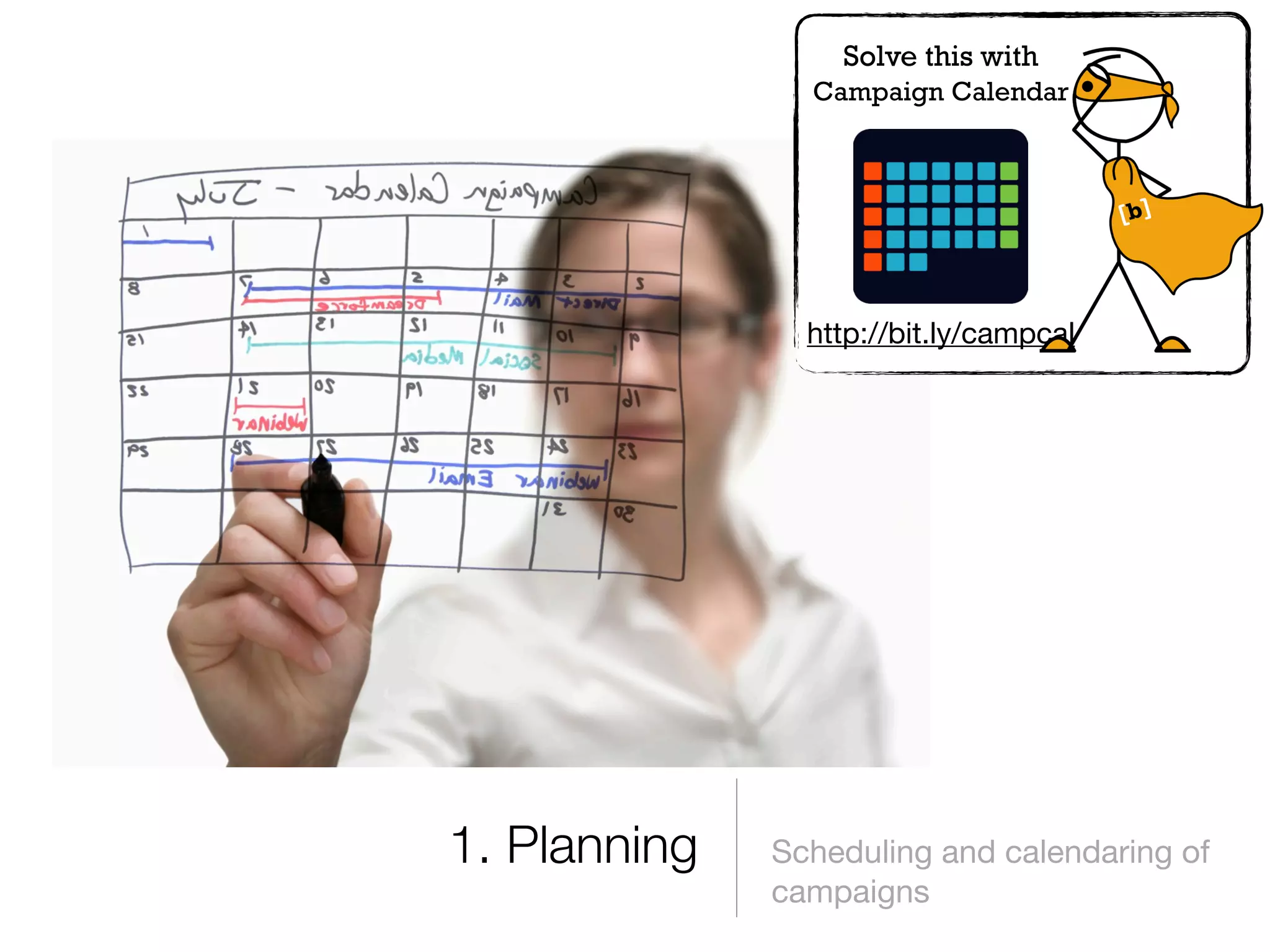 Solve this with
                Campaign Calendar




                http://bit.ly/campcal




1. Planning   Scheduling and calendaring of
              campaigns
 