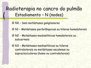 Radioterapia no cancro do pulmão Estadiamento – N (nodes) N0 – Sem metástases ganglionares N1 – Metástases peribrônquicas ou hilares homolaterais N2 – Metástases mediastínicas homolaterais ou subcarinais N3 – Metástases mediastínicas ou hilares contralaterais ou metástases escalenas ou supraclaviculares (homo ou contralaterais) 
