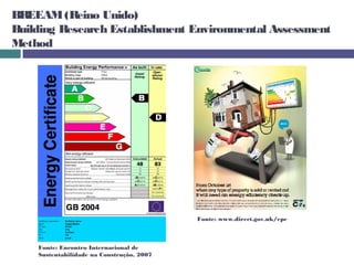 BREEAM (R   eino Unido)
Building Research Establishment Environmental Assessment
Method




                                           Fonte: www.direct.gov.uk/epc



    Fonte: Encontro Internacional de
    Sustentabilidade na Construção, 2007
 