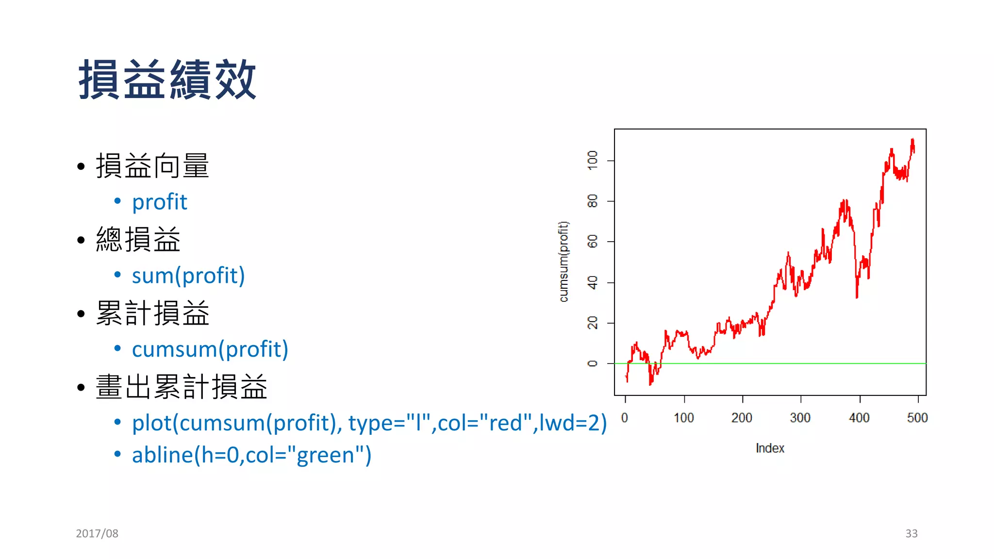 週一開低買，開高賣，週五收盤前出
• 第一週是否可以交易?
• 先紀錄第一週收盤
• lastC=STK[1,4] ## 或lastC=Cl(STK)[1]
• 交易邏輯回測
• for (m in rownames(STK)[-1]) {
if(STK[m,1]<=lastC){profit[m]=STK[m,4]-STK[m,1]}else(
profit[m]=STK[m,1]-STK[m,4])
lastC=STK[m,4]
}
2017/03 33
 