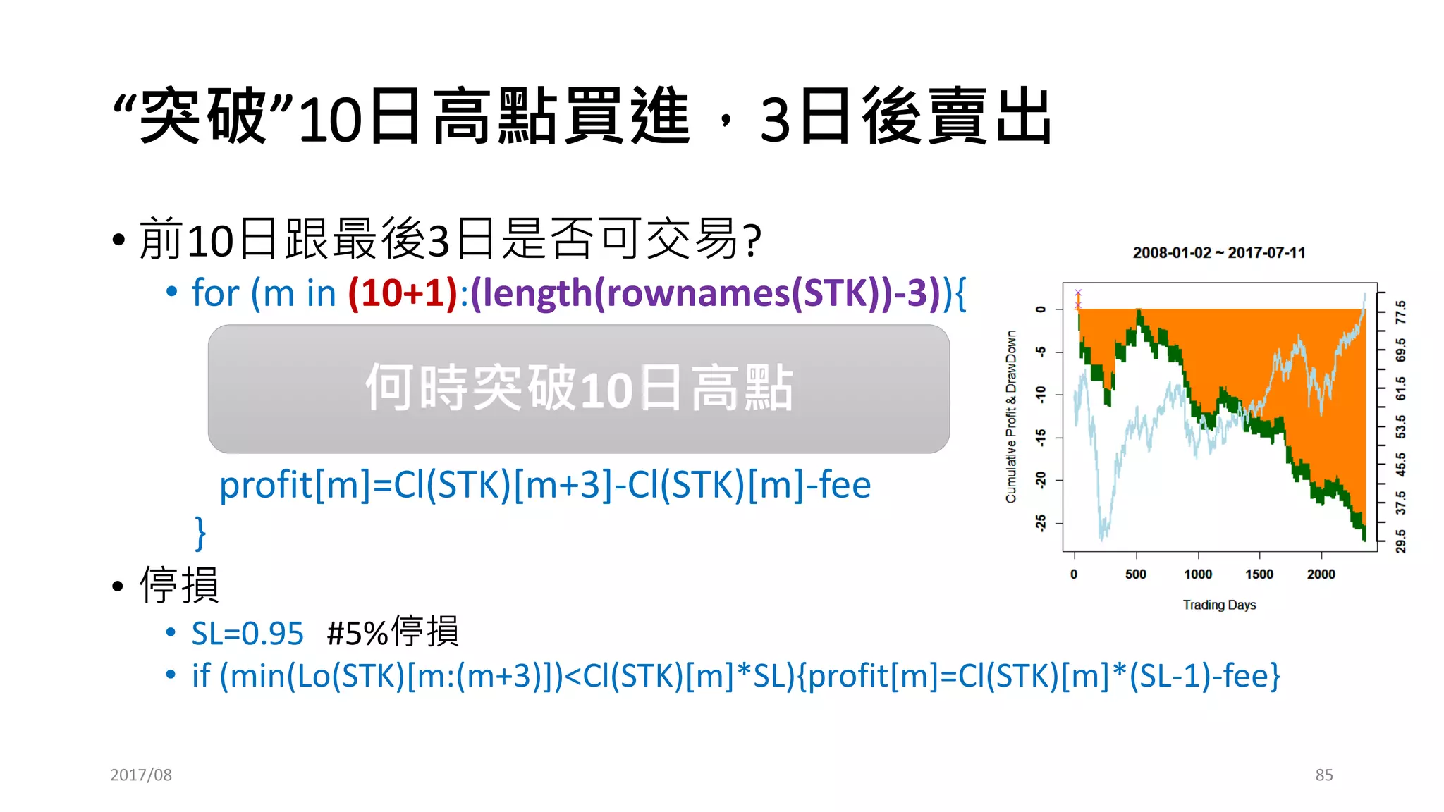 加碼的奧義: 成也加碼，敗也加碼!!
• 摩天大樓 (1,1,1,1….)
• 海龜
• 金字塔 (5,4,3,2,1)
• 正常人
• 倒金字塔(1,2,3,4,5)
• 瘋子
• 投票表決一下你覺得哪個加碼法好?
2017/03 85
 