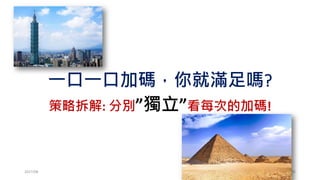 思考一個問題
•股價50元，你買一張
•股價快200元，你還是買一張??? 這樣對嗎?
•部位控管 + 投資組合 + 資金管理!
2017/03 105
 