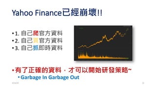 損益績效
• 損益向量
• profit
• 總損益
• sum(profit)
• 累計損益
• cumsum(profit)
• 畫出累計損益
• plot(cumsum(profit), type="l",col="red",lwd=2)
• abline(h=0,col="green")
2017/03 23
 