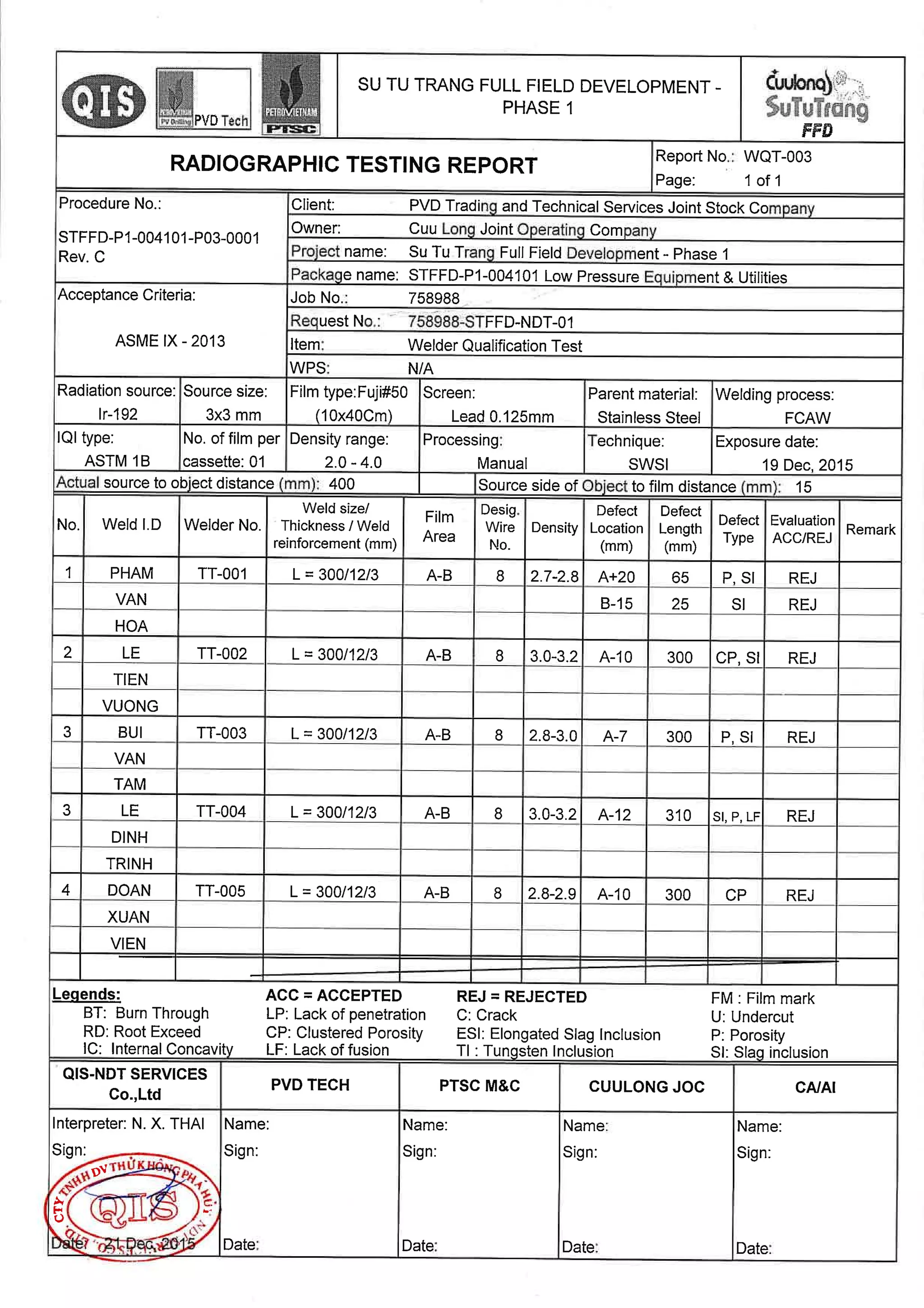Rt report for welder qualification