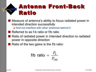 Antenna Front-Back Ratio Measure of antenna’s ability to focus radiated power in intended direction successfully  And not interfere with other antennas behind it Referred to as f-b ratio or f/b ratio Ratio of radiated power in intended direction to radiated power in opposite direction Ratio of the two gains is the f/b ratio: 