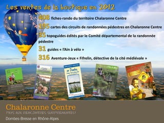 fiches-rando du territoire Chalaronne Centre
cartes des circuits de randonnées pédestres en Chalaronne Centre
topoguides édités par le Comité départemental de la randonnée
pédestre
guides « l’Ain à vélo »
Aventure-Jeux « Fifrelin, détective de la cité médiévale »
 