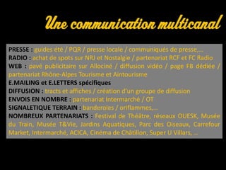 PRESSE : guides été / PQR / presse locale / communiqués de presse,…
RADIO : achat de spots sur NRJ et Nostalgie / partenariat RCF et FC Radio
WEB : pavé publicitaire sur Allociné / diffusion vidéo / page FB dédiée /
partenariat Rhône-Alpes Tourisme et Aintourisme
E.MAILING et E.LETTERS spécifiques
DIFFUSION : tracts et affiches / création d’un groupe de diffusion
ENVOIS EN NOMBRE : partenariat Intermarché / OT
SIGNALETIQUE TERRAIN : banderoles / oriflammes,…
NOMBREUX PARTENARIATS : Festival de Théâtre, réseaux OUESK, Musée
du Train, Musée T&Vie, Jardins Aquatiques, Parc des Oiseaux, Carrefour
Market, Intermarché, ACICA, Cinéma de Châtillon, Super U Villars, …
 