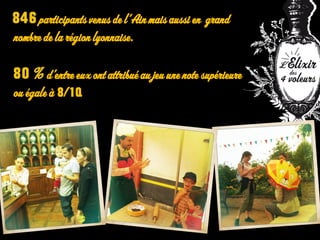 participants venus de l’Ain mais aussi en grand
nombre de la région lyonnaise.
d’entre eux ont attribué au jeu une note supérieure
ou égale à 8/10.
 