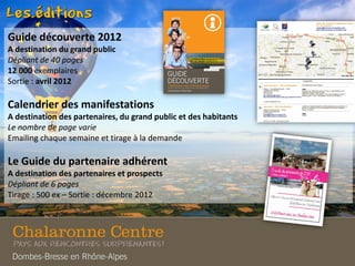 Guide découverte 2012
A destination du grand public
Dépliant de 40 pages
12 000 exemplaires
Sortie : avril 2012
Calendrier des manifestations
A destination des partenaires, du grand public et des habitants
Le nombre de page varie
Emailing chaque semaine et tirage à la demande
Le Guide du partenaire adhérent
A destination des partenaires et prospects
Dépliant de 6 pages
Tirage : 500 ex – Sortie : décembre 2012
 