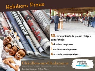 communiqués de presse rédigés
dans l’année
dossiers de presse
conférence de presse
accueils presse réalisés
 