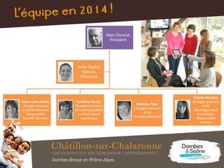 Marc Durand,
Président
Anne-Laure Rodet,
Chargée d’accueil
et d’évènementiel.
Responsable
Qualité Tourisme
Sandrine Ferrier,
Chargée d’accueil,
de communication
et d’animation
numérique
Béatrice Pont,
Chargée d’accueil
et de
commercialisation
Colette Perreira,
Chargée d’accueil
et de
développement
touristique.
Responsable
Vonnas
Anne-Sophie
Djennat,
Directrice
 