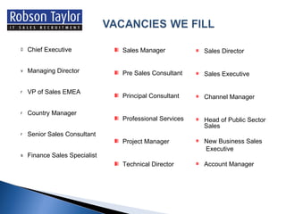 Chief Executive Managing Director VP of Sales EMEA Country Manager Senior Sales Consultant Finance Sales Specialist Sales Manager Pre Sales Consultant Principal Consultant Professional Services Project Manager Technical Director Sales Director Sales Executive Channel Manager Head of Public Sector Sales New Business Sales   Executive Account Manager 
