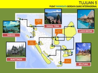 TUJUAN 5
PUSAT PARIWISATA BERDAYA SAING INTERNASIONAL
SABANG
BUKITTINGGI
DANAU TOBA
LAGOI BINTAN
BELITUNG
 