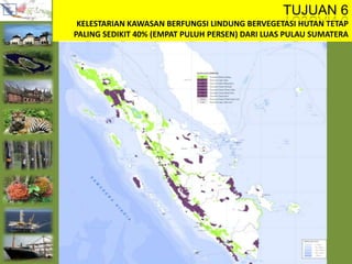TUJUAN 6
KELESTARIAN KAWASAN BERFUNGSI LINDUNG BERVEGETASI HUTAN TETAP
PALING SEDIKIT 40% (EMPAT PULUH PERSEN) DARI LUAS PULAU SUMATERA
 