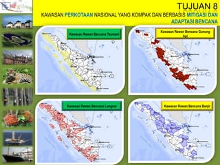 TUJUAN 8
KAWASAN PERKOTAAN NASIONAL YANG KOMPAK DAN BERBASIS MITIGASI DAN
ADAPTASI BENCANA
22
Kawasan Rawan Bencana Tsunami
Kawasan Rawan Bencana Gunung
Api
Kawasan Rawan Bencana Longsor Kawasan Rawan Bencana Banjir
 