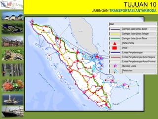 TUJUAN 10
JARINGAN TRANSPORTASI ANTARMODA
24
Ket:
Jaringan Jalan Lintas Barat
Jaringan Jalan Lintas Tengah
Jaringan Jalan Lintas Timur
PKN / PKSN
PKW
Lintas Penyeberangan
Lintas Penyeberangan Antar Negara
Lintas Penyeberangan Antar Provinsi
Bandara Udara
Pelabuhan
 