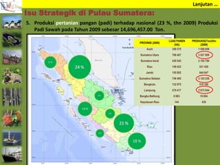 Lanjutan …
5. Produksi pertanian pangan (padi) terhadap nasional (23 %, thn 2009) Produksi
Padi Sawah pada Tahun 2009 sebesar 14,696,457.00 Ton.
Isu Strategik di Pulau Sumatera:
PROVINSI (2009)
LUAS PANEN
(HA)
PRODUKSI(Ton)/thn
(2009)
Aceh 359 375 1 556 858
Sumatera Utara 768 407 3 527 899
Sumatera barat 439 542 2 105 790
Riau 149 423 531 429
Jambi 155 802 644 947
Sumatera Selatan 746 465 3 125 236
Bengkulu 132 975 510 160
Lampung 570 417 2 673 844
Bangka Belitung 8 063 19 864
Kepulauan Riau 144 430
 