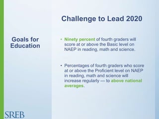 Goals for
Education
• Ninety percent of fourth graders will
score at or above the Basic level on
NAEP in reading, math and science.
• Percentages of fourth graders who score
at or above the Proficient level on NAEP
in reading, math and science will
increase regularly — to above national
averages.
Challenge to Lead 2020
 