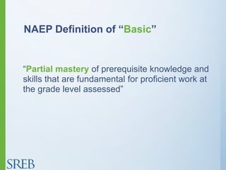 NAEP Definition of “Basic”
“Partial mastery of prerequisite knowledge and
skills that are fundamental for proficient work at
the grade level assessed”
 