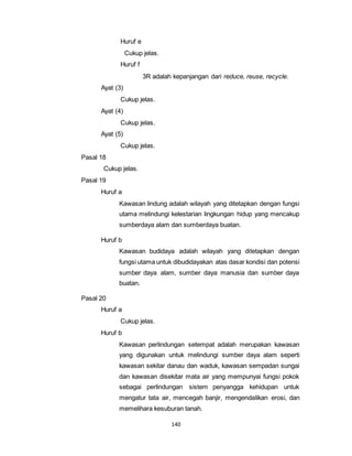 140 
Huruf e 
Cukup jelas. 
Huruf f 
3R adalah kepanjangan dari reduce, reuse, recycle. 
Ayat (3) 
Cukup jelas. 
Ayat (4) 
Cukup jelas. 
Ayat (5) 
Cukup jelas. 
Pasal 18 
Cukup jelas. 
Pasal 19 
Huruf a 
Kawasan lindung adalah wilayah yang ditetapkan dengan fungsi 
utama melindungi kelestarian lingkungan hidup yang mencakup 
sumberdaya alam dan sumberdaya buatan. 
Huruf b 
Kawasan budidaya adalah wilayah yang ditetapkan dengan 
fungsi utama untuk dibudidayakan atas dasar kondisi dan potensi 
sumber daya alam, sumber daya manusia dan sumber daya 
buatan. 
Pasal 20 
Huruf a 
Cukup jelas. 
Huruf b 
Kawasan perlindungan setempat adalah merupakan kawasan 
yang digunakan untuk melindungi sumber daya alam seperti 
kawasan sekitar danau dan waduk, kawasan sempadan sungai 
dan kawasan disekitar mata air yang mempunyai fungsi pokok 
sebagai perlindungan sistem penyangga kehidupan untuk 
mengatur tata air, mencegah banjir, mengendalikan erosi, dan 
memelihara kesuburan tanah. 
 