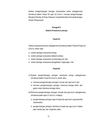 Arahan pengembangan jaringan transportasi udara sebagaimana 
dimaksud dalam Pasal 44 ayat (2) huruf c berupa pengembangan 
Bandara Perintis di Pulau Bawean menjadi Bandara Domestik dengan 
Hirarki Pengumpan. 
72 
Paragraf 2 
Sistem Prasarana Lainnya 
Pasal 53 
Sistem prasarana lainnya sebagaimana dimaksud dalam Pasal 40 ayat (3) 
huruf b, terdiri atas: 
a. sistem jaringan prasarana energi; 
b. sistem jaringan prasarana telekomunikasi; 
c. sistem jaringan prasarana sumber daya air; dan 
d. sistem jaringan prasarana pengelolaan lingkungan; dan 
Pasal 54 
(1) Arahan pengembangan jaringan prasarana energi sebagaimana 
dimaksud dalam Pasal 53 huruf a, terdiri atas: 
a. rencana pengembangan jaringan minyak dan gas bumi; dan 
b. rencana pengembangan jaringan transmisi tenaga listrik dan 
gardu induk distribusi tenaga listrik. 
(2) Rencana pengembangan jaringan minyak dan gas bumi sebagaimana 
dimaksud pada ayat (1) huruf a, meliputi: 
a. pengembangan jaringan pipa minyak dan gas bumi yang bersifat 
interkoneksi; 
b. pengembangan jaringan distribusi minyak dan gas bumi melalui 
pipa, kereta api, dan angkutan jalan; 
 