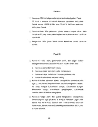 82 
Pasal 62 
(1) Kawasan RTH perkotaan sebagaimana dimaksud dalam Pasal 
59 huruf c tersebar di seluruh kawasan perkotaan Kabupaten 
Gresik seluas 10.672,58 Ha, atau 37,05 % dari luas perkotaan 
Kabupaten Gresik. 
(2) Distribusi luas RTH perkotaan publik tersebut dapat dilihat pada 
Lampiran IV yang merupakan bagian tak terpisahkan dari peraturan 
daerah ini. 
(3) Penyediaan RTH privat diatur dalam ketentuan umum peraturan 
zonasi. 
Pasal 63 
(1) Kawasan suaka alam, pelestarian alam, dan cagar budaya 
sebagaimana dimaksud dalam Pasal 54 huruf c terdiri atas: 
a. kawasan pantai berhutan bakau; 
b. kawasan cagar alam dan suaka margasatwa; 
c. kawasan cagar budaya dan ilmu pengetahuan; dan 
d. kawasan konservasi terumbu karang. 
(2) Kawasan Pantai Berhutan Bakau sebagaimana dimaksud pada 
ayat (1) huruf a di Kabupaten Gresik seluas kurang lebih 5.828,62 
Ha yang meliputi Kecamatan Manyar, Kecamatan Bungah, 
Kecamatan Sidayu, Kecamatan Ujungpangkah, Kecamatan 
Tambak dan Kecamatan Sangkapura. 
(3) Kawasan Cagar Alam dan Suaka Margasatwa sebagaimana 
dimaksud pada ayat (1) huruf b meliputi Kawasan Cagar Alam 
seluas 725 Ha di Pulau Bawean dan 15 Ha di Pulau Noko dan 
Pulau Nusa, serta Kawasan Suaka Margasatwa seluas 3.831,6 Ha 
di Pulau Bawean. 
 