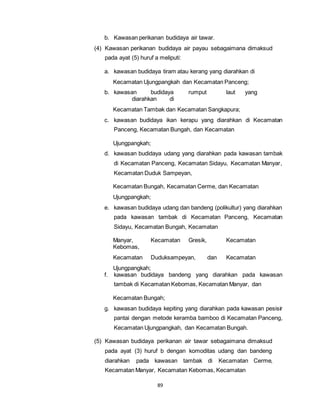 b. Kawasan perikanan budidaya air tawar. 
(4) Kawasan perikanan budidaya air payau sebagaimana dimaksud 
pada ayat (5) huruf a meliputi: 
a. kawasan budidaya tiram atau kerang yang diarahkan di 
Kecamatan Ujungpangkah dan Kecamatan Panceng; 
b. kawasan budidaya rumput laut yang 
diarahkan di 
Kecamatan Tambak dan Kecamatan Sangkapura; 
c. kawasan budidaya ikan kerapu yang diarahkan di Kecamatan 
Panceng, Kecamatan Bungah, dan Kecamatan 
89 
Ujungpangkah; 
d. kawasan budidaya udang yang diarahkan pada kawasan tambak 
di Kecamatan Panceng, Kecamatan Sidayu, Kecamatan Manyar, 
Kecamatan Duduk Sampeyan, 
Kecamatan Bungah, Kecamatan Cerme, dan Kecamatan 
Ujungpangkah; 
e. kawasan budidaya udang dan bandeng (polikultur) yang diarahkan 
pada kawasan tambak di Kecamatan Panceng, Kecamatan 
Sidayu, Kecamatan Bungah, Kecamatan 
Manyar, Kecamatan Gresik, Kecamatan 
Kebomas, 
Kecamatan Duduksampeyan, dan Kecamatan 
Ujungpangkah; 
f. kawasan budidaya bandeng yang diarahkan pada kawasan 
tambak di Kecamatan Kebomas, Kecamatan Manyar, dan 
Kecamatan Bungah; 
g. kawasan budidaya kepiting yang diarahkan pada kawasan pesisir 
pantai dengan metode keramba bamboo di Kecamatan Panceng, 
Kecamatan Ujungpangkah, dan Kecamatan Bungah. 
(5) Kawasan budidaya perikanan air tawar sebagaimana dimaksud 
pada ayat (3) huruf b dengan komoditas udang dan bandeng 
diarahkan pada kawasan tambak di Kecamatan Cerme, 
Kecamatan Manyar, Kecamatan Kebomas, Kecamatan 
 