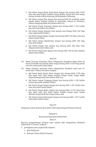 a. Sub Sistem Sungai Banjir Kanal Barat dengan luas kurang lebih 2.005
          (dua ribu lima) hektar meliputi Sungai Kripik, Sungai Kreo dan Sungai
          Garang terletak di Kota Semarang dan Kabupaten Semarang;
       b. Sub Sistem Sungai Bulu dengan luas kurang lebih 94 (sembilan puluh
          empat) hektar meliputi Saluran Jl. Hasanudin, Saluran Jl. Brotojoyo,
          Saluran Panggung Kidul dan Saluran Bulu Lor;
       c. Sub Sistem Sungai Semarang dengan luas kurang lebih 1.352 (seribu
          tiga ratus lima puluh dua) hektar;
       d. Sub Sistem Sungai Simpang Lima dengan luas kurang lebih 340 (tiga
          ratus empat puluh) hektar;
       e. Sub Sistem Sungai Banger dengan luas kurang lebih 524 (lima ratus dua
          puluh empat) hektar.
       f. Sub Sistem Sungai Bandarharjo dengan luas kurang lebih 302 (tiga
          ratus dua) hektar;
       g. Sub Sistem Sungai Asin dengan luas kurang lebih 282 (dua ratus
          delapan puluh dua) hektar; dan
       h. Sub Sistem Sungai Baru dengan luas kurang lebih 186 (seratus delapan
          puluh enam) hektar.


                                     Pasal 49
(1)    Sistem Drainase Semarang Timur sebagaimana dimaksud dalam Pasal 44
       huruf d memiliki luas daerah aliran sungai kurang lebih 31.043 (tiga puluh
       satu ribu empat puluh tiga) hektar.
(2)    Sistem Drainase Semarang Timur sebagaimana dimaksud pada ayat (1)
       terdiri dari 5 (lima) sub sistem meliputi :
       a. Sub Sistem Banjir Kanal Timur dengan luas kurang lebih 3.705 (tiga
          ribu tujuh ratus lima) hektar meliputi Sungai Candi, Sungai Bajak,
          Sungai Kedungmundu dan Saluran Bulu Lor;
       b. Sub Sistem Sungai Tenggang dengan luas kurang lebih 1.138 (seribu
          seratus tiga puluh delapan) hektar;
       c. Sub Sistem Sungai Sringin dengan luas kurang lebih 1.527 (seribu lima
          ratus dua puluh tujuh) hektar;
       d. Sub Sistem Sungai Babon dengan luas kurang lebih 12.715 (dua belas
          ribu tujuh ratus lima belas) hektar meliputi Sungai Gede, Sungai
          Meteseh, Sungai Jetak dan Sungai Sedoro; dan
       e. Sub Sistem Sungai Pedurungan dengan luas kurang lebih 1.077 (seribu
          tujuh puluh tujuh) hektar.


                                     Pasal 50
Pengaturan sistem drainase Kota diatur lebih lanjut dengan Peraturan Daerah.


                                    Paragraf 6
                       Rencana Jaringan Jalan Pejalan Kaki
                                     Pasal 51
Rencana pengembangan jaringan jalan pejalan kaki sebagaimana dimaksud
dalam Pasal 37 huruf e meliputi :
a. peningkatan jalur pejalan kaki meliputi :
      1. Jalan Pahlawan;
      2. Kawasan Taman Menteri Supeno;
 
