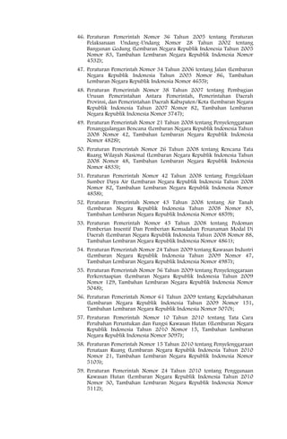 46. Peraturan Pemerintah Nomor 36 Tahun 2005 tentang Peraturan
    Pelaksanaan Undang-Undang Nomor 28 Tahun 2002 tentang
    Bangunan Gedung (Lembaran Negara Republik Indonesia Tahun 2005
    Nomor 83, Tambahan Lembaran Negara Republik Indonesia Nomor
    4532);
47. Peraturan Pemerintah Nomor 34 Tahun 2006 tentang Jalan (Lembaran
    Negara Republik Indonesia Tahun 2003 Nomor 86, Tambahan
    Lembaran Negara Republik Indonesia Nomor 4655);
48. Peraturan Pemerintah Nomor 38 Tahun 2007 tentang Pembagian
    Urusan Pemerintahan Antara Pemerintah, Pemerintahan Daerah
    Provinsi, dan Pemerintahan Daerah Kabupaten/Kota (Lembaran Negara
    Republik Indonesia Tahun 2007 Nomor 82, Tambahan Lembaran
    Negara Republik Indonesia Nomor 3747);
49. Peraturan Pemerintah Nomor 21 Tahun 2008 tentang Penyelenggaraan
    Penanggulangan Bencana (Lembaran Negara Republik Indonesia Tahun
    2008 Nomor 42, Tambahan Lembaran Negara Republik Indonesia
    Nomor 4828);
50. Peraturan Pemerintah Nomor 26 Tahun 2008 tentang Rencana Tata
    Ruang Wilayah Nasional (Lembaran Negara Republik Indonesia Tahun
    2008 Nomor 48, Tambahan Lembaran Negara Republik Indonesia
    Nomor 4833);
51. Peraturan Pemerintah Nomor 42 Tahun 2008 tentang Pengelolaan
    Sumber Daya Air (Lembaran Negara Republik Indonesia Tahun 2008
    Nomor 82, Tambahan Lembaran Negara Republik Indonesia Nomor
    4858);
52. Peraturan Pemerintah Nomor 43 Tahun 2008 tentang Air Tanah
    (Lembaran Negara Republik Indonesia Tahun 2008 Nomor 83,
    Tambahan Lembaran Negara Republik Indonesia Nomor 4859);
53. Peraturan Pemerintah Nomor 45 Tahun 2008 tentang Pedoman
    Pemberian Insentif Dan Pemberian Kemudahan Penanaman Modal Di
    Daerah (Lembaran Negara Republik Indonesia Tahun 2008 Nomor 88,
    Tambahan Lembaran Negara Republik Indonesia Nomor 4861);
54. Peraturan Pemerintah Nomor 24 Tahun 2009 tentang Kawasan Industri
    (Lembaran Negara Republik Indonesia Tahun 2009 Nomor 47,
    Tambahan Lembaran Negara Republik Indonesia Nomor 4987);
55. Peraturan Pemerintah Nomor 56 Tahun 2009 tentang Penyelenggaraan
    Perkeretaapian (Lembaran Negara Republik Indonesia Tahun 2009
    Nomor 129, Tambahan Lembaran Negara Republik Indonesia Nomor
    5048);
56. Peraturan Pemerintah Nomor 61 Tahun 2009 tentang Kepelabuhanan
    (Lembaran Negara Republik Indonesia Tahun 2009 Nomor 151,
    Tambahan Lembaran Negara Republik Indonesia Nomor 5070);
57. Peraturan Pemerintah Nomor 10 Tahun 2010 tentang Tata Cara
    Perubahan Peruntukan dan Fungsi Kawasan Hutan ((Lembaran Negara
    Republik Indonesia Tahun 2010 Nomor 15, Tambahan Lembaran
    Negara Republik Indonesia Nomor 5097);
58. Peraturan Pemerintah Nomor 15 Tahun 2010 tentang Penyelenggaraan
    Penataan Ruang (Lembaran Negara Republik Indonesia Tahun 2010
    Nomor 21, Tambahan Lembaran Negara Republik Indonesia Nomor
    5103);
59. Peraturan Pemerintah Nomor 24 Tahun 2010 tentang Penggunaan
    Kawasan Hutan (Lembaran Negara Republik Indonesia Tahun 2010
    Nomor 30, Tambahan Lembaran Negara Republik Indonesia Nomor
    5112);
 