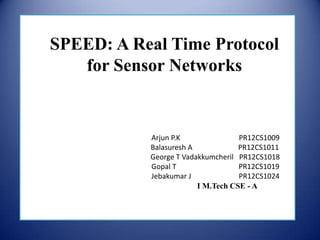 SPEED: A Real Time Protocol
for Sensor Networks

Arjun P.K

Arjun P.K
PR12CS1009
Balasuresh A
PR12CS1011
George T Vadakkumcheril PR12CS1018
Gopal T
PR12CS1019
Jebakumar J
PR12CS1024
I M.Tech CSE - A

 