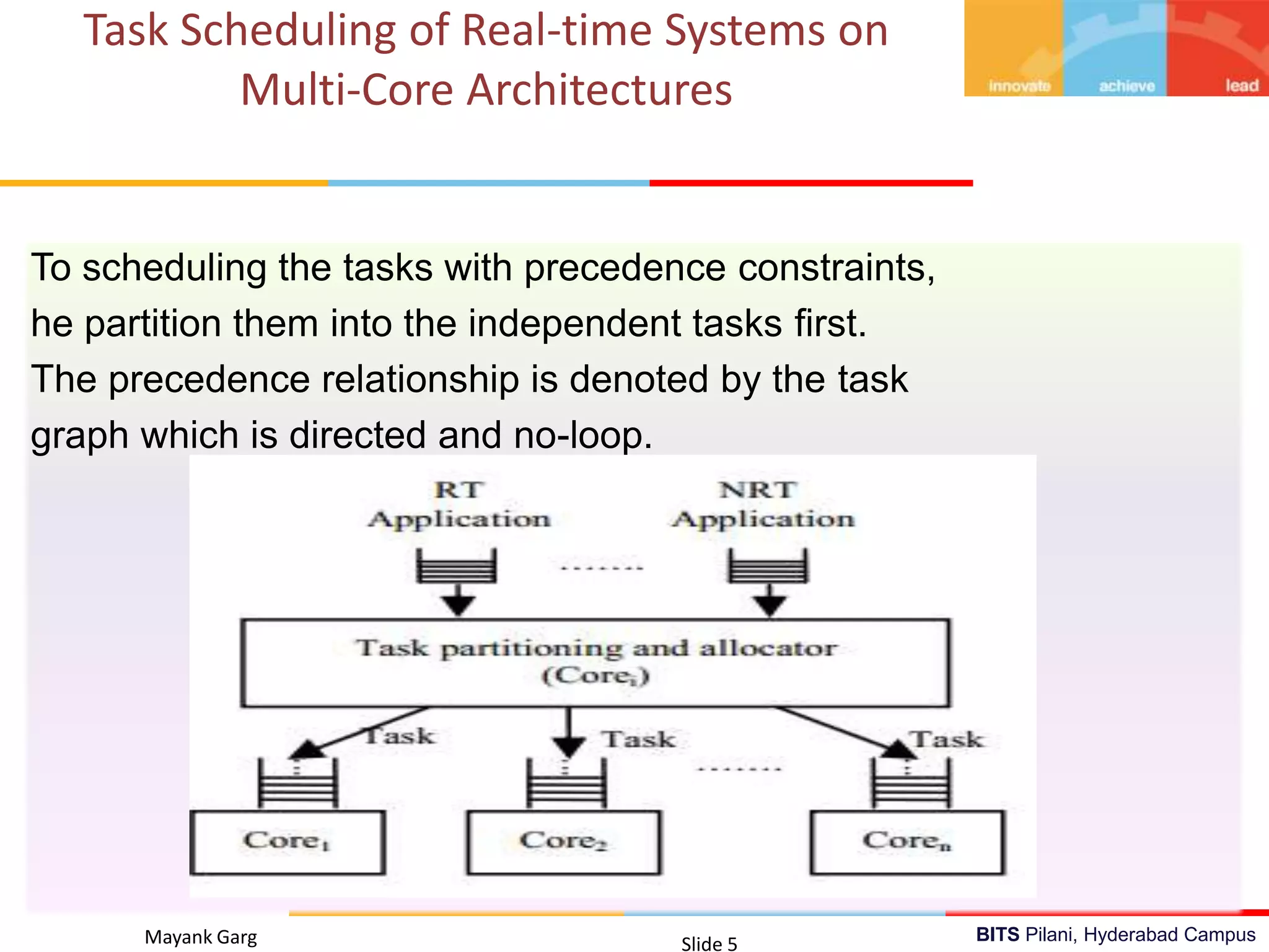 BITS Pilani, Hyderabad Campus
To scheduling the tasks with precedence constraints,
he partition them into the independent tasks first.
The precedence relationship is denoted by the task
graph which is directed and no-loop.
Mayank Garg Slide 5
Task Scheduling of Real-time Systems on
Multi-Core Architectures
 