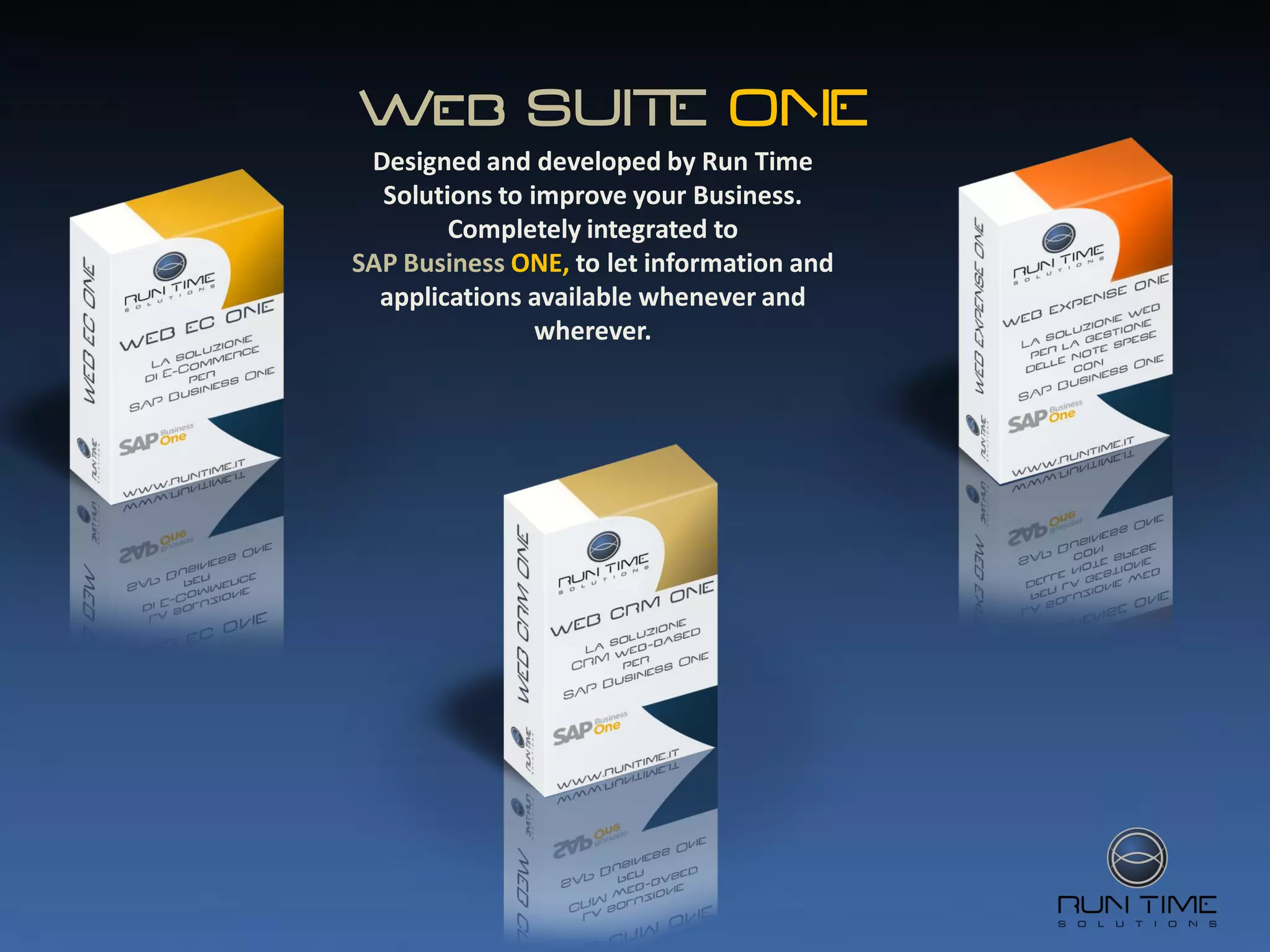 Web SUITE ONE
 Designed and developed by Run Time
  Solutions to improve your Business.
        Completely integrated to
SAP Business ONE, to let information and
  applications available whenever and
                wherever.
 