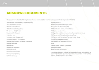 TSLG would like to thank the following bodies, who have contributed their expertise and supported the development of RTS 2012:
Association of Train Operating Companies (ATOC)
ATOC Engineering Council
ATOC Operations Council
ATOC Technical Strategy Group
DB Schenker Rail (UK) Ltd
Department for Transport
Freightliner Ltd
Institute of Asset Management
Institute of Logistics and Transport
National Skills Academy for Railway Engineering
National Task Force
Network Rail
Office of Rail Regulation
Passenger Focus
Passenger train operators
Planning Oversight Group
Rail Delivery Group
Rail Freight Group
Rail Freight Operations Managers Group
Railway Industry Association (RIA)
RIA Electrification Technical Interest Group
RIA Engineering Committee
RIA Signalling and Telecommunications Technical Interest Group
RIA Traction and Rolling Stock Standards Group
RIA Traction and Rolling Stock Technical Interest Group
RoSCo Technical Liaison Group
Rail Research UK Association (RRUKA)
RSSB
The five System Interface Committees
Transport Scotland
Welsh Assembly Government
TSLG would also like to thank all the individuals who have participated in, or
responded to the industry workshops and all who served as members of the
Steering Group for the RTS 2012 project.
ACKNOWLEDGEMENTS
100
 