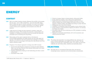 CONTEXT
2.20	 Rail is an energy-intensive industry. Between 80 and 90% of the energy
that rail uses – over 3 TWh of electricity – and more than 680 million
litres of diesel are used for traction purposes5
at a cost of over £600m.
The remaining 10-20% of energy consumption is for stations, depots,
control centres and for signalling, communications and other rail
systems.
2.21	 Large amounts of energy are also required to maintain, renew and
enhance the railway. This includes the production, transportation and
installation of materials and products such as concrete and steel and
processes such as tamping and rail grinding.
2.22	 More energy will be used in absolute terms in the future to
accommodate passenger and freight growth and new high-speed rail
services. The industry’s main focus should be to operate in an energy-
efficient way and to encourage a shift away from less efficient and more
carbon-intensive modes.
2.23	 Progress in the railway’s approach to energy since 2007 includes:
•	 Government electrification programme including the Great Western
Main Line, the Trans-Pennine route between Manchester and Leeds
and the Midland Main Line
•	 Enabling regenerative braking on both alternating and direct current
rolling stock
•	 Successful trials of DAS
•	 Fitment of energy meters to several electric rolling stock fleets
•	 Energy efficiency targets in new rolling stock specifications
•	 Diesel rolling stock modifications including the fitment of more
efficient engines and control systems that switch off one or more
engines on diesel multiple units (DMUs) according to power demand
•	 Widespread use of eco-driver training
•	 Installation of renewable energy technologies at some network sites
•	 Energy efficiency improvements at depots and stations, for example,
Accrington Eco-station
•	 Successful trials with fuel containing up to 20% biodiesel on existing
diesel rolling stock
•	 Research on innovative electrification, DC to AC conversion and
reducing electrical losses
VISION
2.24	 The railway has expanded in an energy-efficient way, reducing unit
costs to attract passengers and freight from other modes. The vast
majority of journeys are on electrified routes. Low carbon and recycled
materials are used where safety, reliability and practicality allow.
OBJECTIVES
2.25	 Rail relies less on conventional fossil fuels which will become
increasingly scarce, expensive and environmentally unsustainable.
ENERGY
5
ORR National Rail Trends 2010 –11 Yearbook, Table 9.1a
28
 