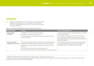 STRATEGY
3.35	 Research23
has identified barriers to innovation in leadership, industry
capability and risk reduction. The actions begun in 2010 should
continue to address these barriers. Table 1 summarises the progress
and actions remaining.
Table 1: Actions for three specific areas of strategic interventions
23
RSSB T934 Enabling technical innovation in the GB rail industry – barriers and solutions, 2010
24
Open Innovation is a concept/paradigm that encourages sharing and trading of knowledge across and between organisations to improve an industry and/or
organisation’s innovation and know how capabilities.
INTERVENTION ACTION STATUS DECEMBER 2012
Create system
leadership
1. Establish a rail system leadership function.
2. Establish a top-level sponsor function.
3. Create cascaded specifications for contract conditions to align
industry incentives.
1. Done. TSLG provides the leadership function; EIT leads
the everyday activities.
2. Done. RDG provides the top-level sponsor function.
3. To be started. EIT will develop commercial models to
encourage alignment of incentives and clear ownership of
intellectual property.
Enhance industry
capability for innovation
1. Design and develop effective mechanisms to translate ideas into
demonstrable, de-risked, system-level radical innovation projects.
2. Build upon existing materials and disseminate models of good
practice.
3. Promote and provide culture change programmes.
Promote Open Innovation24
for the front end of the innovation process.
All to start: EIT will support the industry to address these
issues and increase the industry innovation capability.
Progress should be measured against the ICMM.
77THEFUTURERAILWAY | THE INDUSTRY’S RAIL TECHNICAL STRATEGY 2012
 