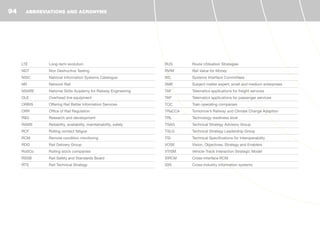 LTE		 Long-term evolution
NDT		 Non Destructive Testing
NISC		 National Information Systems Catalogue
NR		 Network Rail
NSARE 		 National Skills Academy for Railway Engineering
OLE		 Overhead line equipment
ORBIS		 Offering Rail Better Information Services
ORR		 Office of Rail Regulation
R&D		 Research and development
RAMS		 Reliability, availability, maintainability, safety
RCF		 Rolling contact fatigue
RCM		 Remote condition monitoring
RDG		 Rail Delivery Group
RoSCo		 Rolling stock companies
RSSB		 Rail Safety and Standards Board
RTS		 Rail Technical Strategy
RUS		 Route Utilisation Strategies
RVfM		Rail Value for Money
SIC		 Systems Interface Committees
SME		 Subject matter expert; small and medium enterprises
TAF		 Telematics applications for freight services
TAP		 Telematics applications for passenger services
TOC		 Train operating companies
TRaCCA		 Tomorrow’s Railway and Climate Change Adaption
TRL		 Technology readiness level
TSAG		 Technical Strategy Advisory Group
TSLG		 Technical Strategy Leadership Group
TSI		 Technical Specifications for Interoperability
VOSE		 Vision, Objectives, Strategy and Enablers
VTISM		 Vehicle-Track Interaction Strategic Model
XIRCM		 Cross-interface RCM
XIIS		 Cross-industry information systems
ABBREVIATIONS AND ACRONYMS94
 