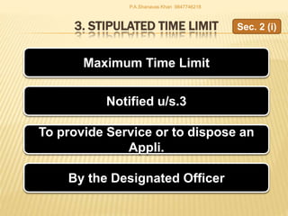 3. STIPULATED TIME LIMIT
Maximum Time Limit
Notified u/s.3
To provide Service or to dispose an
Appli.
Sec. 2 (i)
By the Designated Officer
P.A.Shanavas Khan 9847746218
 