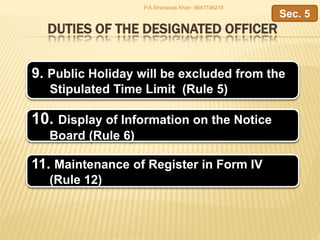 DUTIES OF THE DESIGNATED OFFICER
9. Public Holiday will be excluded from the
Stipulated Time Limit (Rule 5)
10. Display of Information on the Notice
Board (Rule 6)
11. Maintenance of Register in Form IV
(Rule 12)
Sec. 5
P.A.Shanavas Khan 9847746218
 