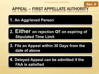 APPEAL – FIRST APPELLATE AUTHORITY
1. An Aggrieved Person
2. Either on rejection or on expiring of
Stipulated Time Limit
Sec. 6
4. Delayed Appeal can be admitted if the
FAA is satisfied
3. File an Appeal within 30 Days from the
date of above
P.A.Shanavas Khan 9847746218
 