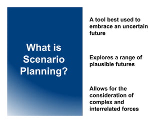 A tool best used to
            embrace an uncertain
            future

 What is
            Explores a range of
Scenario    plausible futures
Planning?
            Allows for the
            consideration of
            complex and
            interrelated forces
 